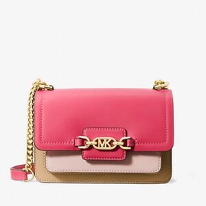 New💖Michael Kors Heather Extra-Small Color-Block Leather Crossbody Bag Pink/Tan